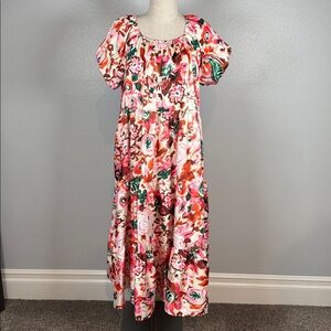Ivy City Co Harvey Satin Tiered Floral Maxi Dress with Puff Sleeve NWT size XS